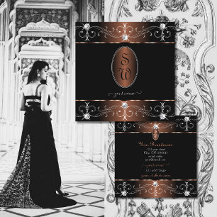 Cartão De Visita Quadrado Iniciais de Ornamentado de Preto-Preto-Luxuoso