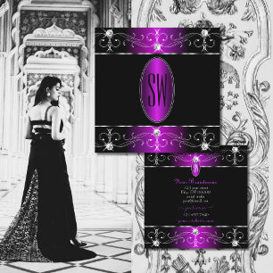 Cartão De Visita Quadrado Iniciais de Ornamentados Extravagant Black Purple