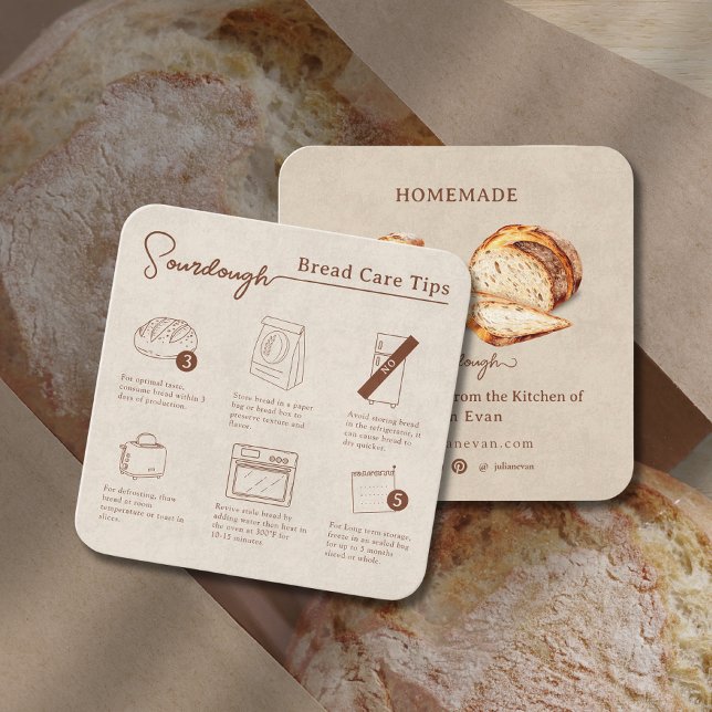 Cartão De Visita Quadrado Instrução Russo Homemade Sourdough Bread Care (Rustic Homemade Sourdough Bread Care Instruction Square Business Card)