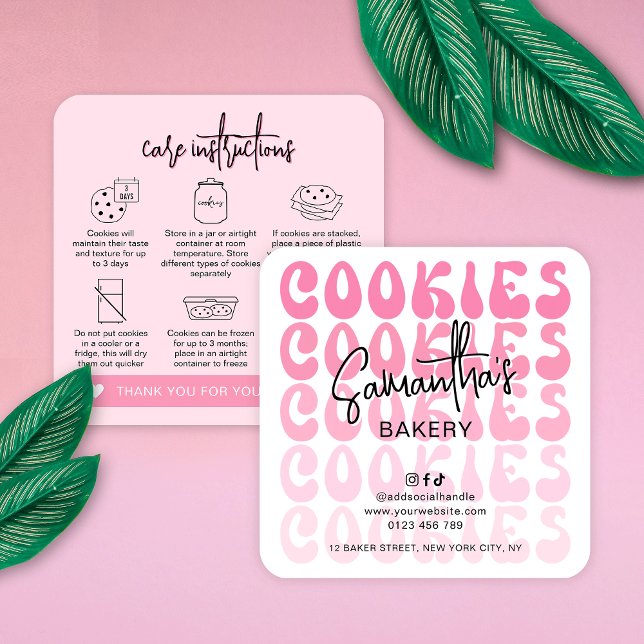 Cartão De Visita Quadrado Instruções de Cuidados com Biscoitos de Açúcar Tre (Retro pink cookies care cards featuring trendy fonts, pink aesthetic and cookie care icons)