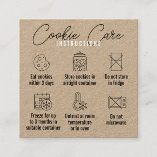Cartão De Visita Quadrado Instruções de Cuidados com Cookies Kraft