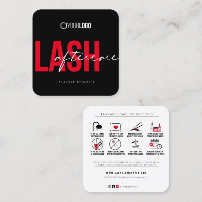 Cartão De Visita Quadrado Instruções de pós-tratamento de extensões de lash (Frente/Verso)