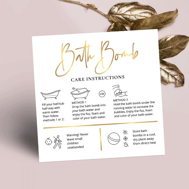 Cartão De Visita Quadrado Instruções para o tratamento da bomba bath White e (Bath Bombs care instructions cards with care icons, gold effects and step-by-step instructions)