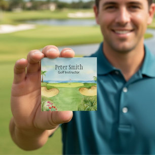 Cartão De Visita Quadrado Instrutor de Golfe Campo de Golfe Tropical Aquarel