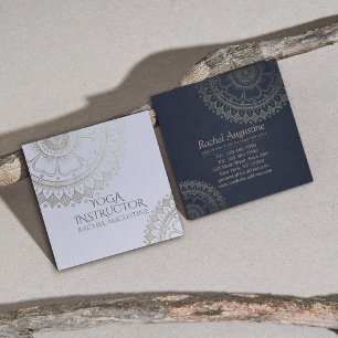 Cartão De Visita Quadrado Instrutor de Meditação Yoga Dourado Mandala Marinh