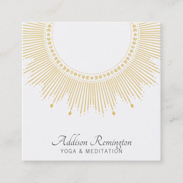 Cartão De Visita Quadrado Instrutor de Meditação Yoga Dourado Sun Mandala (Frente)