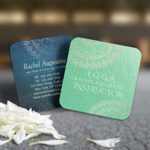 Cartão De Visita Quadrado Instrutor de Meditação Yoga Green Gold Foil Mandal