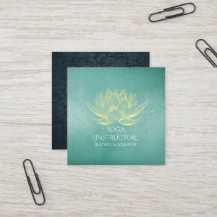 Cartão De Visita Quadrado Instrutor Dourado Lotus e Teal Grunge Yoga