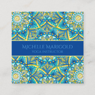 Cartão De Visita Quadrado Instrutor Mandala Floral Elegante Azul Yoga Amarel