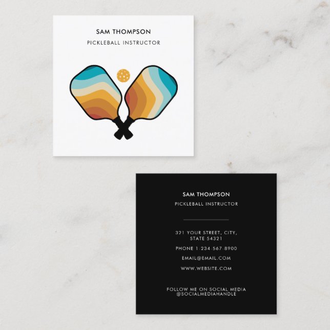 Cartão De Visita Quadrado Instrutor Pickleball Pickleball Retro Pickleball B (Frente/Verso)