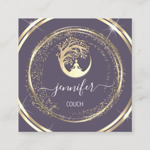 Cartão De Visita Quadrado Ioga Couche Terapista Mindrome QR Dourado Roxo