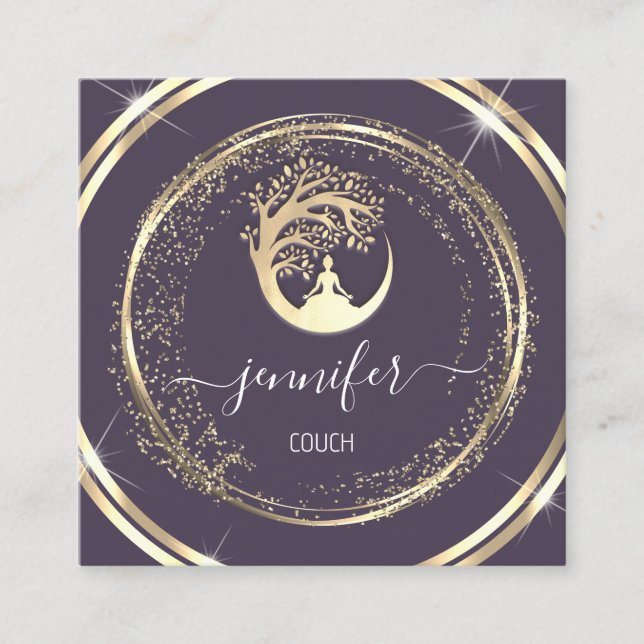 Cartão De Visita Quadrado Ioga Sofisticação Terapêutica com Couche QR Dourad (Frente)