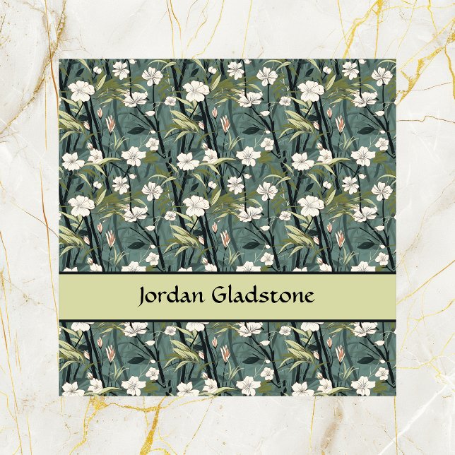 Cartão De Visita Quadrado Japanese Floral Bamboo Sage Green Black Template  (Criador carregado)