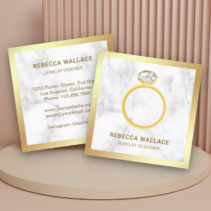 Cartão De Visita Quadrado Joalheira Solitário de Anel Dourado de Mármore B