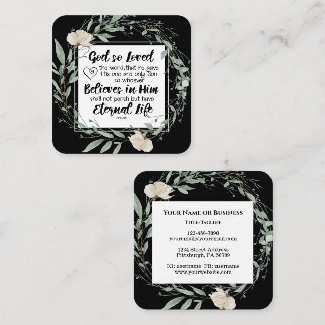 Cartão De Visita Quadrado John 3:16 Deus tão adorou a Bíblia mundial (Frente/Verso)