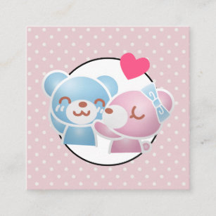 Cartão De Visita Quadrado KIssing Bears em Bolinhas Cute e Kawaii