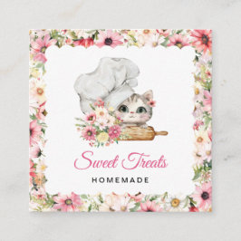 Cartão De Visita Quadrado Kitten Chef Bakery Pink