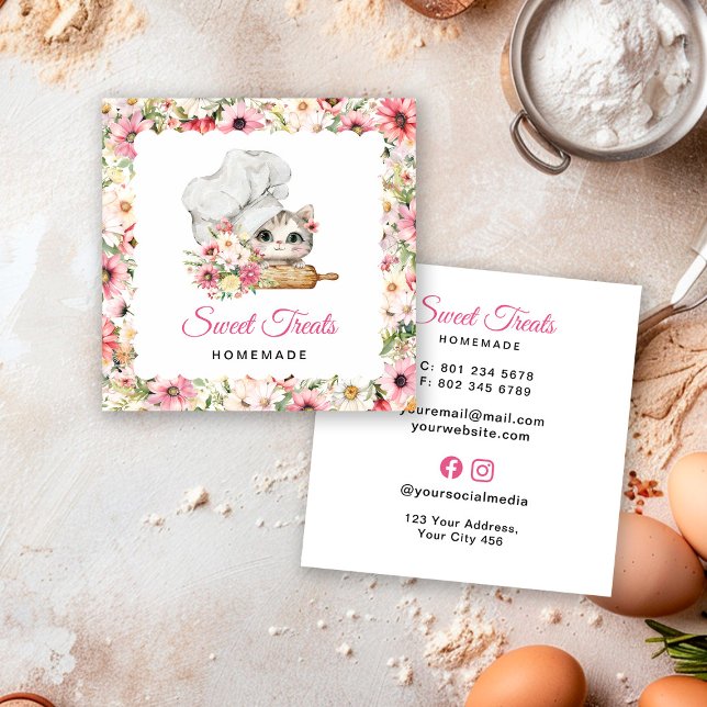 Cartão De Visita Quadrado Kitten Chef Bakery Pink (Criador carregado)