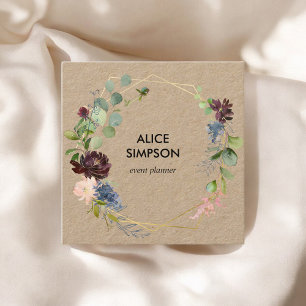 Cartão De Visita Quadrado Kraft Floral Azul e Borgonha