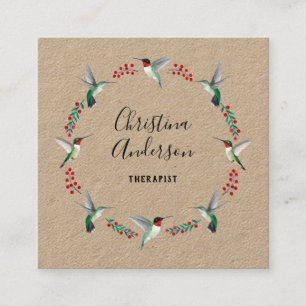 Cartão De Visita Quadrado Kraft Hummingbird Wreath