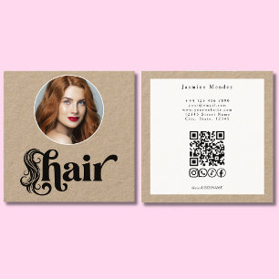 Cartão De Visita Quadrado Kraft Orgânico Estilista de Cabelo QR Sociais Quad