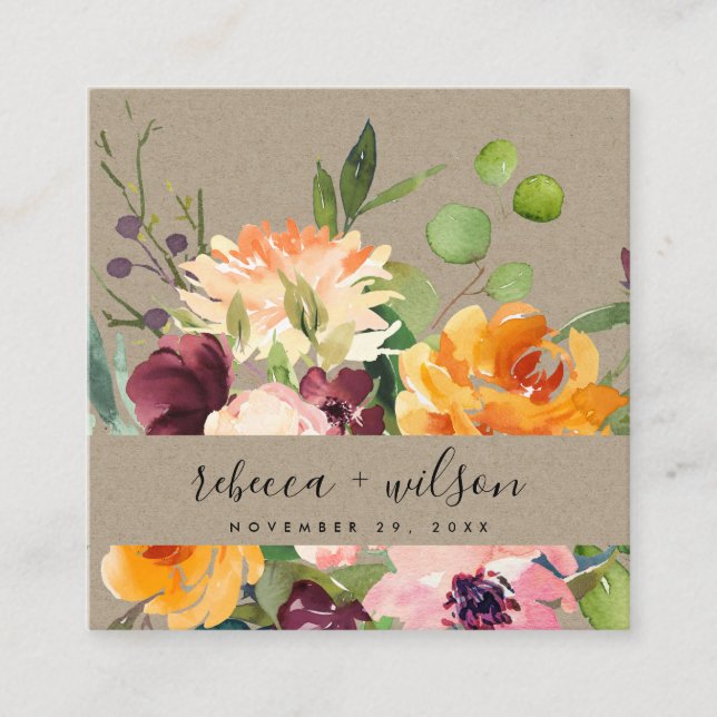 CARTÃO DE VISITA QUADRADO KRAFT YELLOW ORANGE FLORA BUNCH CASAMENTO OBRIGADO (Frente)