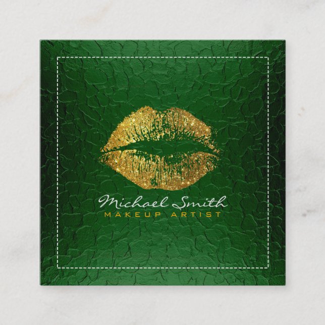 Cartão De Visita Quadrado Lábios Dourados Maquietam Artista Moderno Verde Me (Frente)