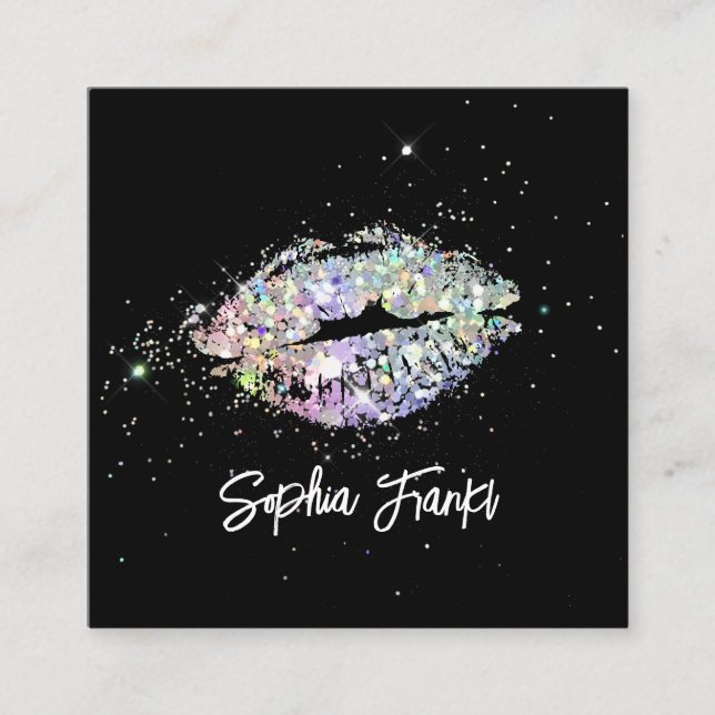 Cartão De Visita Quadrado Lábios Holográficos Exclusivos com Largura de Bele (Frente)