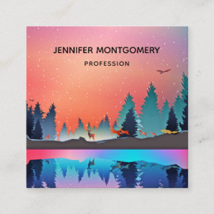 Cartão De Visita Quadrado Lago de inverno Cênico com Veado