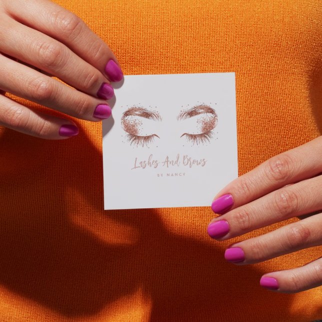 Cartão De Visita Quadrado Lahes and brows Rose gold glitter  (Criador carregado)