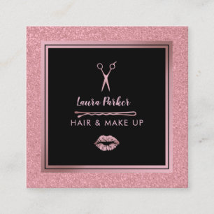 Cartão De Visita Quadrado Lâmpada Estilista de Cabelos Rosa com Negra Dourad
