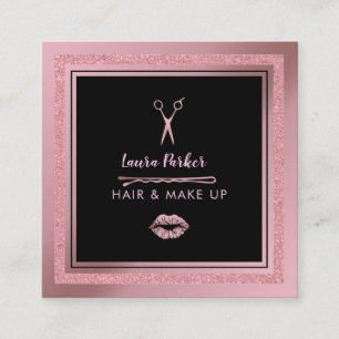 Cartão De Visita Quadrado Lâmpada Estilista de Cabelos Rosa com Negra Dourad