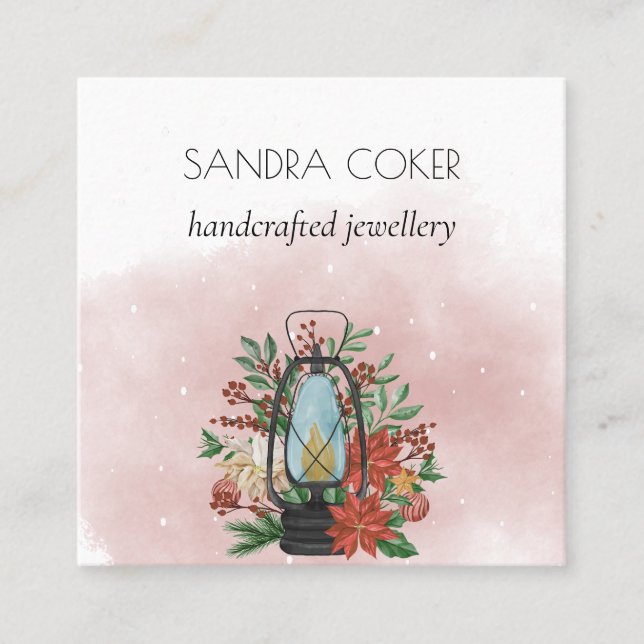Cartão De Visita Quadrado lanterna de natal com poinsettia floral Necklace (Frente)