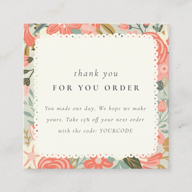 Cartão De Visita Quadrado Laranja Blush Tear Ambrosia Floral Obrigado Encome (Frente)