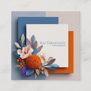 Cartão De Visita Quadrado Laranja Coral Floral Geométrico Bloco Dimensional