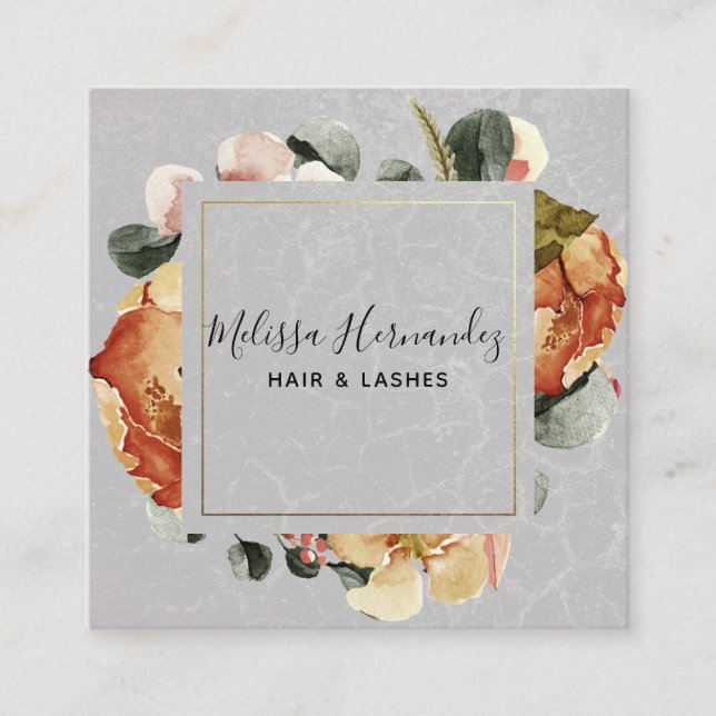 Cartão De Visita Quadrado Laranja Elegante Rust Floral na Cinza (Frente)