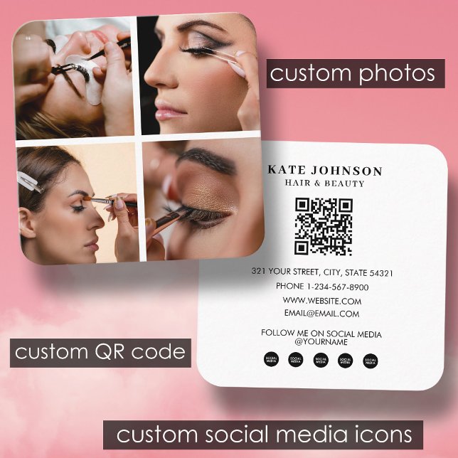Cartão De Visita Quadrado Lashes Beauty Salon Makeup Artista 4 Fotografias C (Lashes Beauty Salon Makeup Artist 4 Photos QR Code Square Business Card)