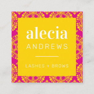 Cartão De Visita Quadrado LASHES & BROWS vintage elegante amarelo rosa brilh