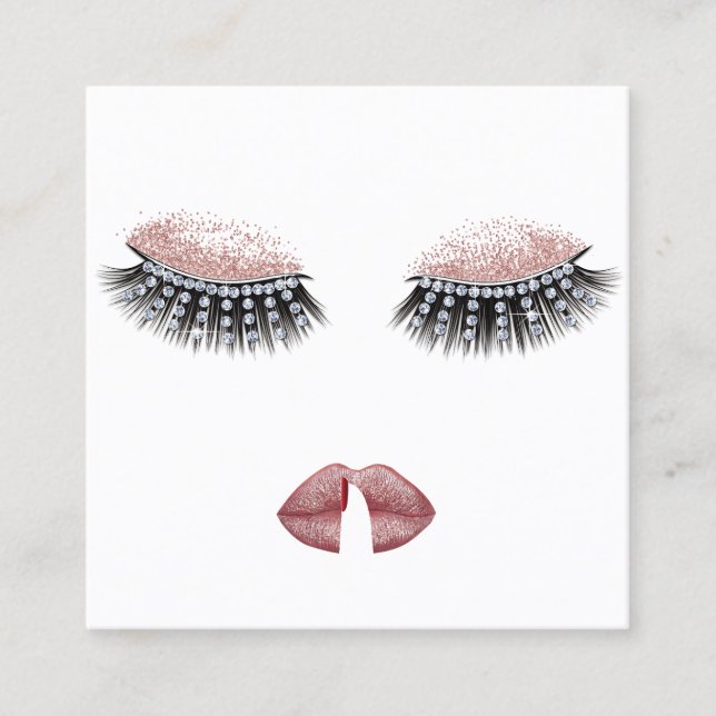 Cartão De Visita Quadrado Lashes & Lábios Makeup Artista Rosa Dourado Beauty (Frente)