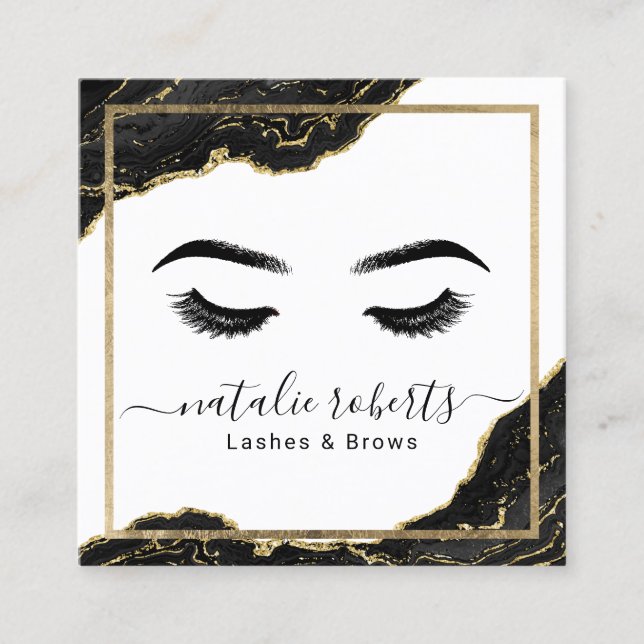 Cartão De Visita Quadrado Lashes Makeup Artista Moderno Dourado Salão (Frente)
