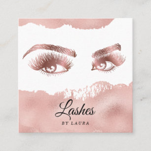 Cartão De Visita Quadrado Lashes Makeup Artista Rosa Dourado Mascara Brows