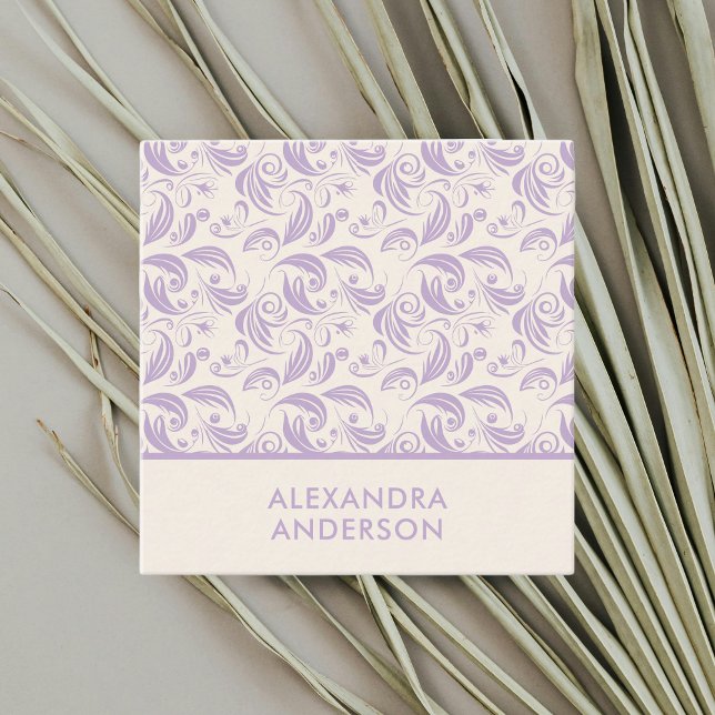 Cartão De Visita Quadrado Lavanda mínima moderna de padrões de saída violeta (Minimal Modern Violet Leaves Pattern Lavender Square Business Card)