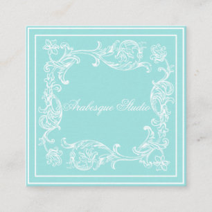 Cartão De Visita Quadrado Lavish Scroll and Frame Aqua and White Decorative