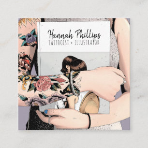 Cartão De Visita Quadrado Legal tatuagem garota ilustrando a moda roxa