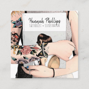Cartão De Visita Quadrado Legal tatuagem garota ilustrando a trendy script b