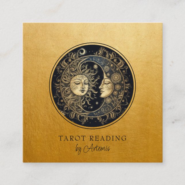 Cartão De Visita Quadrado Leitor Sun Moon Tarot Celestial Místico Dourado (Frente)