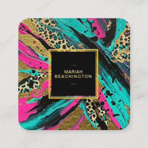 Cartão De Visita Quadrado ** Leopard AP93 Abstrato Animal Neon Dourado Bold