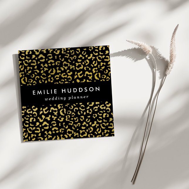 Cartão De Visita Quadrado Leopardo Dourado, Brilhante Dourada, Padrão-Leopar (Criador carregado)
