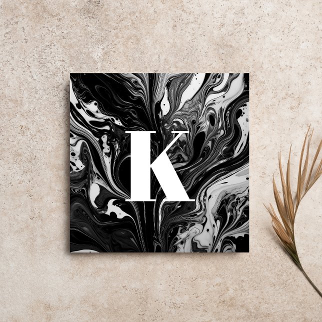 Cartão De Visita Quadrado Letra inicial Monograma - mármore branco preto (Criador carregado)