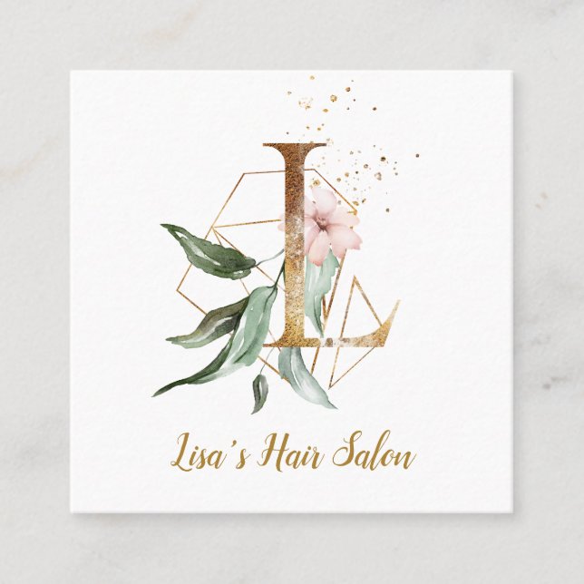 Cartão De Visita Quadrado Letra L com design geométrico Dourado e flores (Frente)